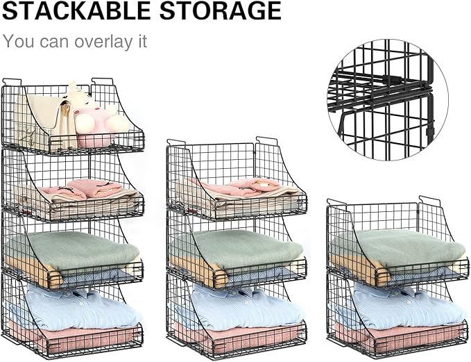 4-Pack Stackable Wire Baskets for Closet Organizers and Storage, Open Storage Bins for Clothes, Toys, and Snacks - Rustic Metal Closet Organizer and Shelves in Black
