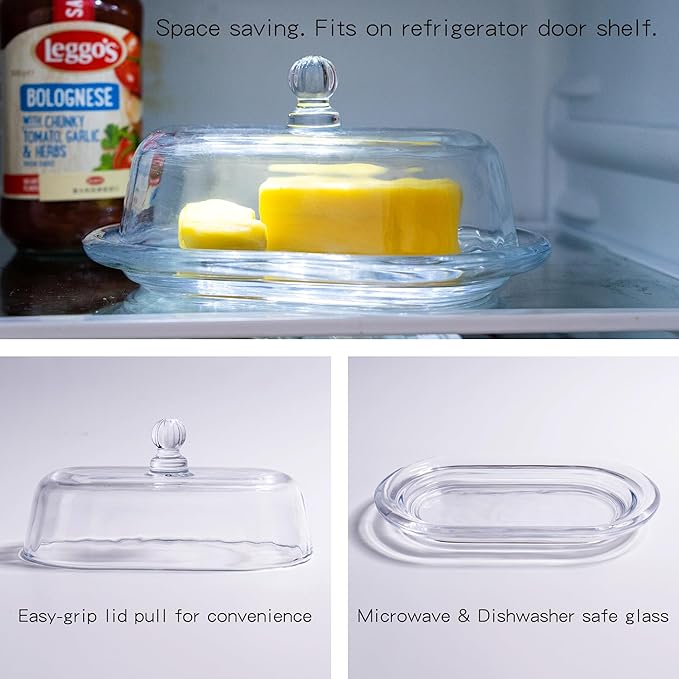 7.5" Large Glass Butter Dish with Cover, Clear Crystal Glass Butter Holder Tray with Lid for Countertop Fridge