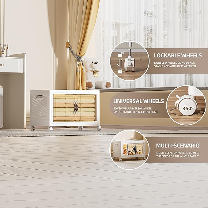 68 QT / 17 Gal Extra Wide Foldable Plastic Cabinet with Double Magnetic Doors & Leather Handles - Stackable, 4 Locking Wheels, Space Saving Storage for Small Spaces