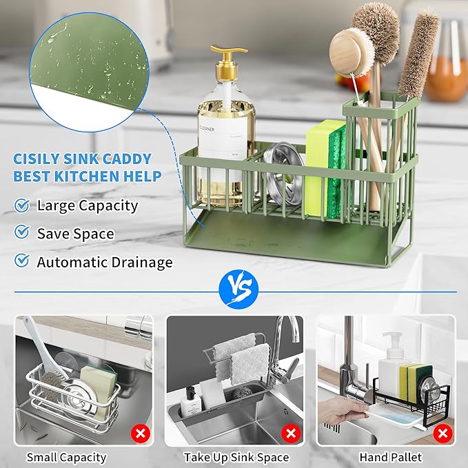 Cisily Kitchen Sink Caddy - Sponge Holder and Organizer with High Brush Holder, 304 Stainless Steel, Sage Green