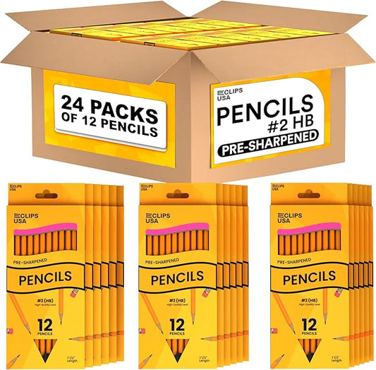 E-CLIPS USA Pencils Bulk, Pencils #2 (24 Boxes), Number 2 pencil, Pre-Sharpened Pencil Bulk, School Supplies Bulk, Office Supplies Bulk, Box May Vary, 12 Pencil Per Box (24 Boxes)