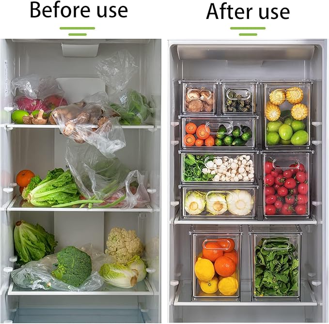 MANO Fridge Drawer Pull Out Stackable Bins with Handle Clear Refrigerator Drawers Organizer Food Storage Container Box with Dividers Plastic Produce Saver for Pantry, Cabinet, Kitchen, Clothes（4Pack）