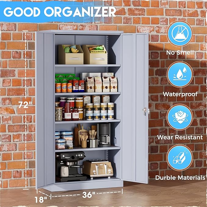 Greenvelly Metal Storage Cabinet with Doors, 72" Lockable Steel Garage Storage Cabinet with Shelves, Dark Grey 36" W x 18" D