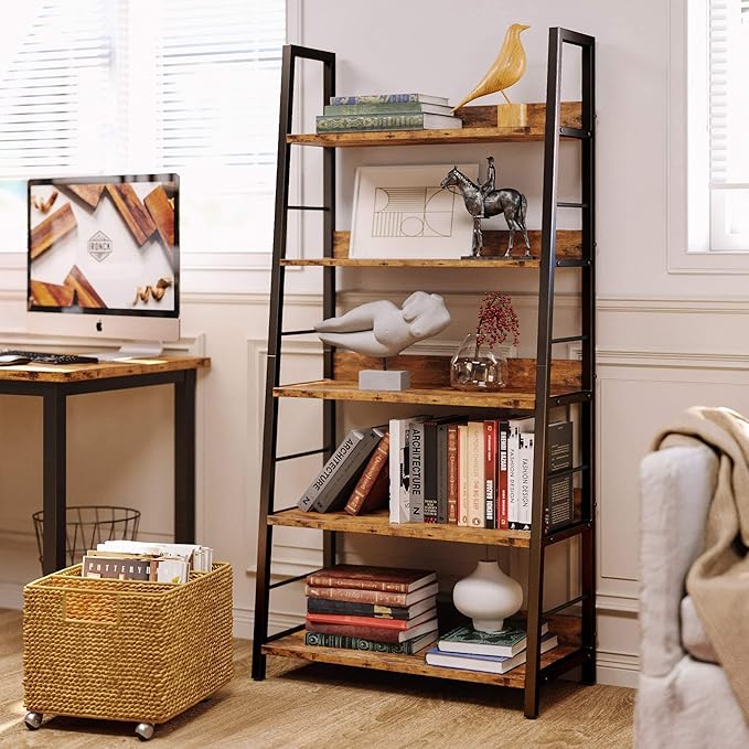IRONCK Industrial Bookshelves and Bookcases, Ladder Shelf 5 Tiers with Metal Frame for Living Room, Home Office, Rustics Brown