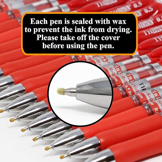 [24 Pens - Red Ink] Think2 Retractable Gel Pens. (24 Red) Fine Point (0.5mm) Rollerball Pens with Comfort Grip. PLEASE REMOVE THE WAX TIP ON THE POINT OF THE PEN BEFORE USING THE PEN.