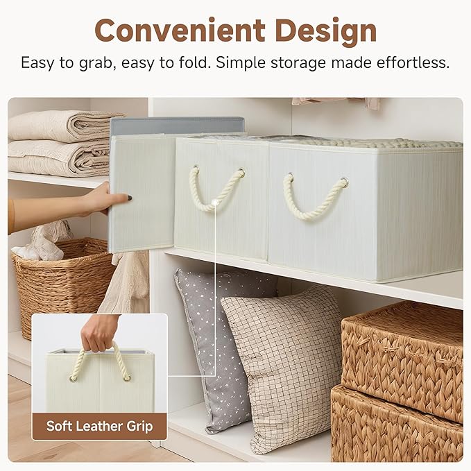 StorageWorks Storage Baskets for Shelves, Foldable Fabric Closet Storage Bins with Handles, Fabric Storage Bins Clothes Organizer, Beige, White & Ivory, 3-Pack, Extra Large