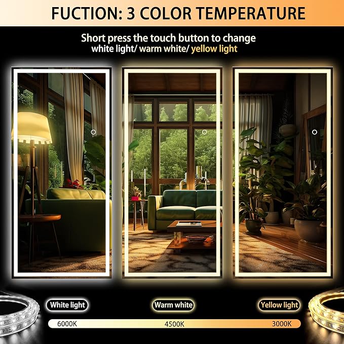 Hasipu Full Length Mirror with Lights, 81" x 34" LED Lighted Floor Standing Mirror, Full Body Dressing Hanging Mounted Mirrors, Dimmable, Tempered Glass, Safe to Use, Square Black