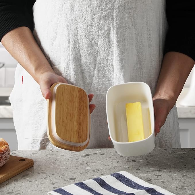 GDCZ Ceramics Butter Dish with Wooden Lid- Large Covered Butter Holder for Countertop, Butter Keeper Container Perfect for Holds 2X 4oz West/East Coast Butter, White