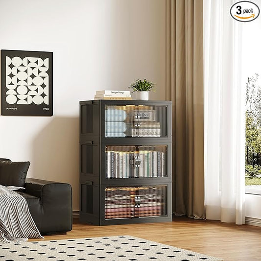 SAILUN 87Gal/348Qt Stackable Storage Bins Folding Collapsible Storage Bins with Lid, Closet Organizers and Storage, Black 26" W x 17" D x 43.7" H