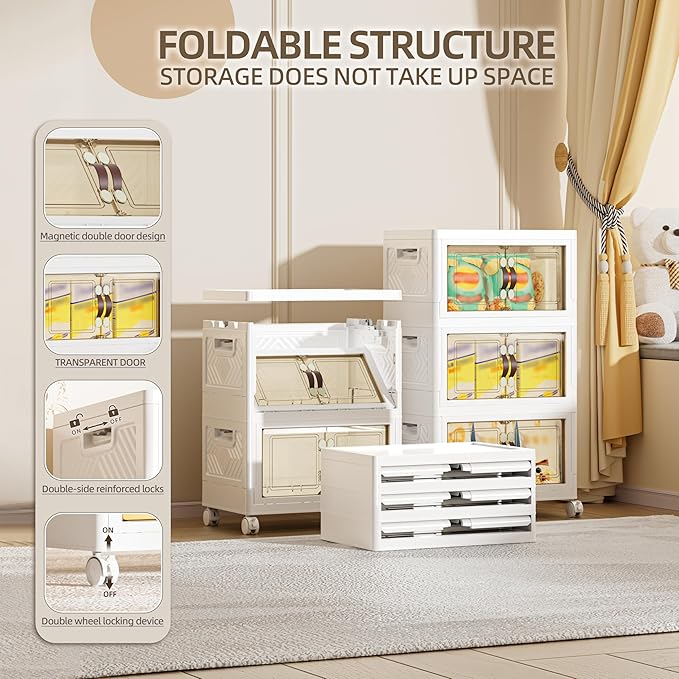 80 QT / 20 Gal Multi-Purpose Stackable Storage Cabinet: Double Magnetic Doors, Foldable, Wheels Included, Leather Handles - Ideal for Pantry, Laundry Room, Dorm