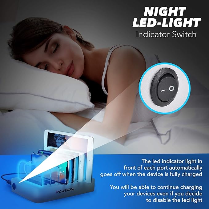 USB Charging Dock - 6-Port Universal Charging Station for Multiple Devices - Multi Device Charger Station - Compatible with Apple, iPad, iPhone, and Android Cell Phones and Tablets