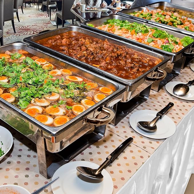 8 Qt 4 Pack Full Size Stainless Steel Chafing Dishes Buffet Set, Silver Rectangular Catering Chafer Warmer Set with Trays Pan Lid Folding Frame Stand for Kitchen Party Banquet Dining