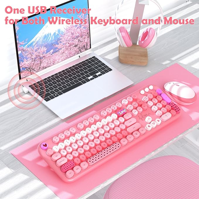 Wireless Keyboard and Mouse,MOFII 104 Round Keys Lovely Full-Size Cute Colorful Keyboard and Mouse with Retro Typewriter for PC/Mac/Laptop/Tablet/Computer/Windows Pink