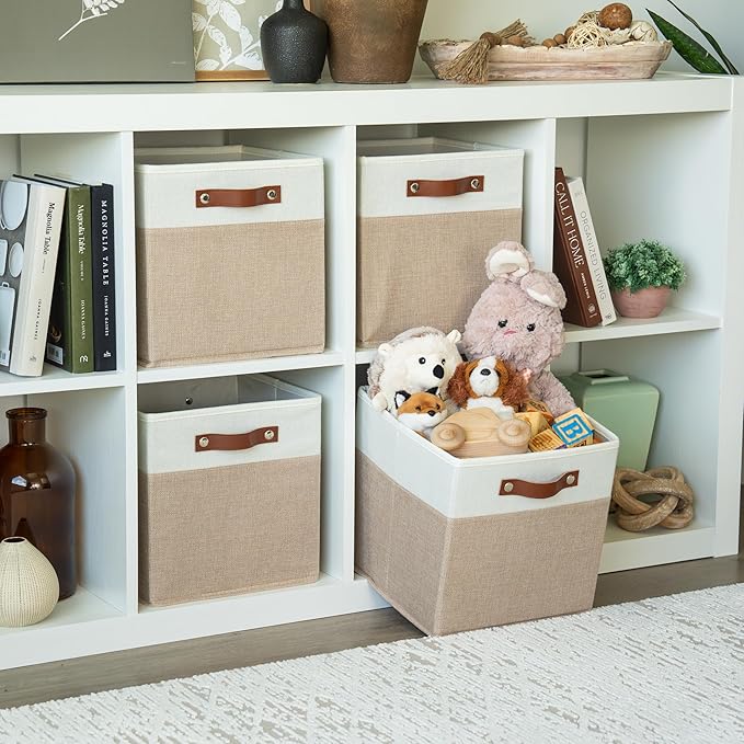 OrganiHaus 11" x 11" x 11" Fabric Cubes Storage Bins Set of 4, Foldable Collapsible Canvas Storage Bins for Organizer, Toy Organizer for Kallax, 11 Inch Linen Cube Shelf Baskets - Beige/White