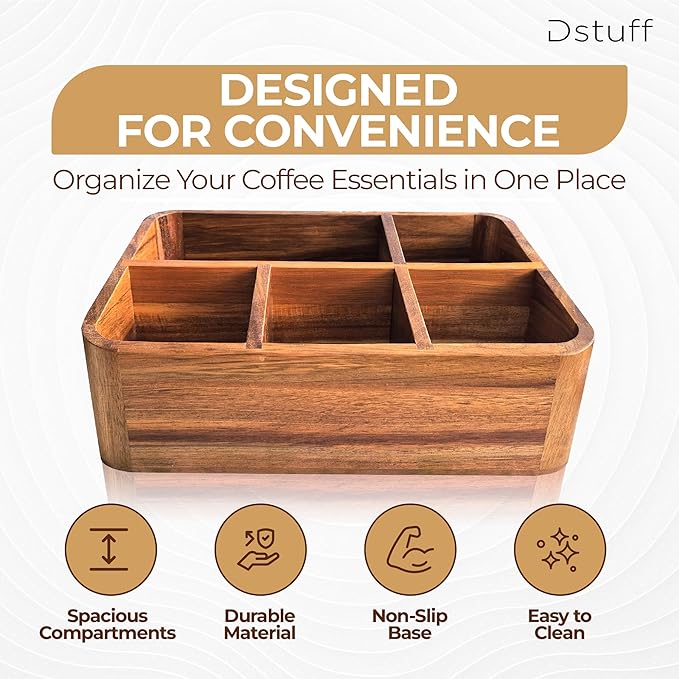 Dstuff Acacia Wood Coffee Station Organizer for Countertop, Tea Organizer and Holder, Coffee Bar Caddy with Multiple Compartments for Home and Office Decor