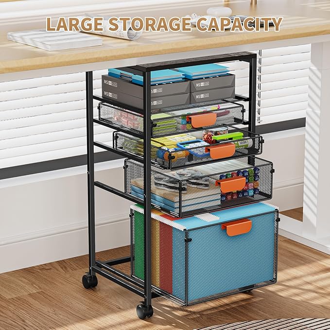 Marbrasse Rolling File Cart with 4 Storage Drawers, Mobile File Cabinet on Lockable Wheels, Hanging Filing Cabinet Organize, Under Desk Utility Cart for Home Office