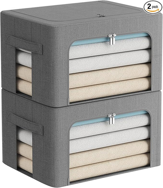 FHSQX 2 Pack Clear Window Storage Bins Foldable Fabric Storage Bins Boxes for Clothes Stackable Box Organizer Set with Carrying Handles (Gray,22L, 15.7x 11.8x 7.8 Inch)