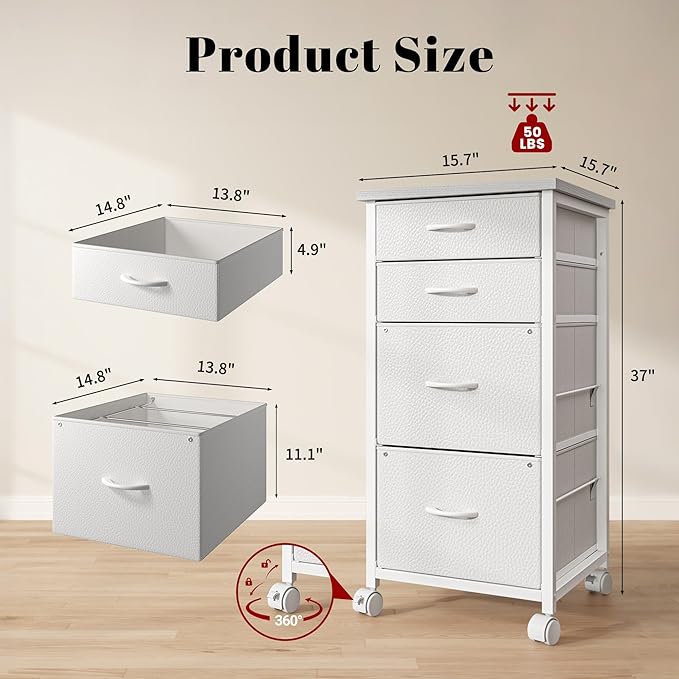 4 Drawers Mobile File Cabinet Vertical Filing Cabinet with Fabric Drawer Fits A4/Letter Size Printer Stand for Home Office，White