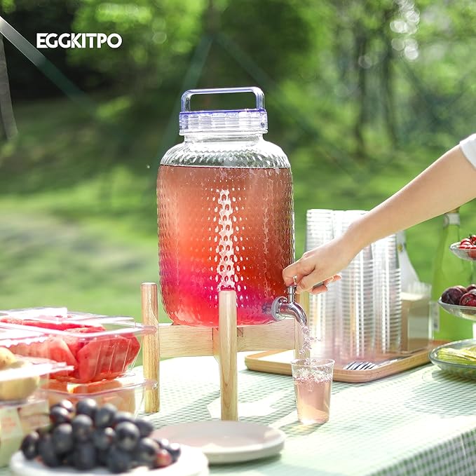 EGGKITPO 2.2 Gallon Drink Dispensers with 304 Stainless Steel Spigot for Parties Lemonade Dispenser with Wood Bracket Clear Cover Polycarbonate Beverage Dispenser for Home Use and Laundry Room