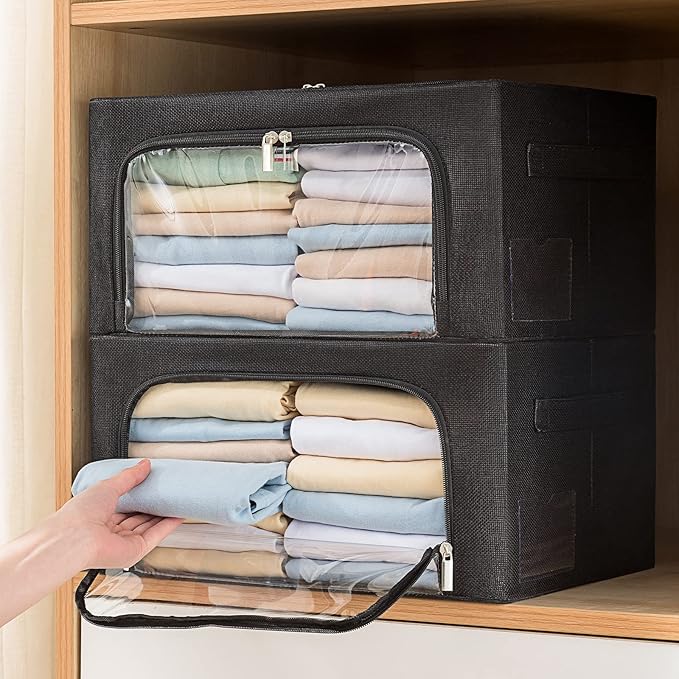 CYhom Clothes Storage Bins Box - Linen Fabric Foldable Stackable Container Organizer Set with Clear Window & Carry Handles & Metal Frame (Black, Large-66L)