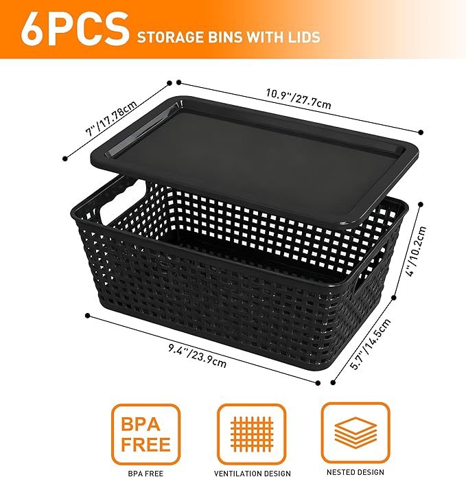 Plastic Storage Baskets With Lid, Storage Bins for Organizing, Stackable Decorative Containers for Shelves Drawers Desktop Closet Playroom Classroom Office, 6 Pack-Black