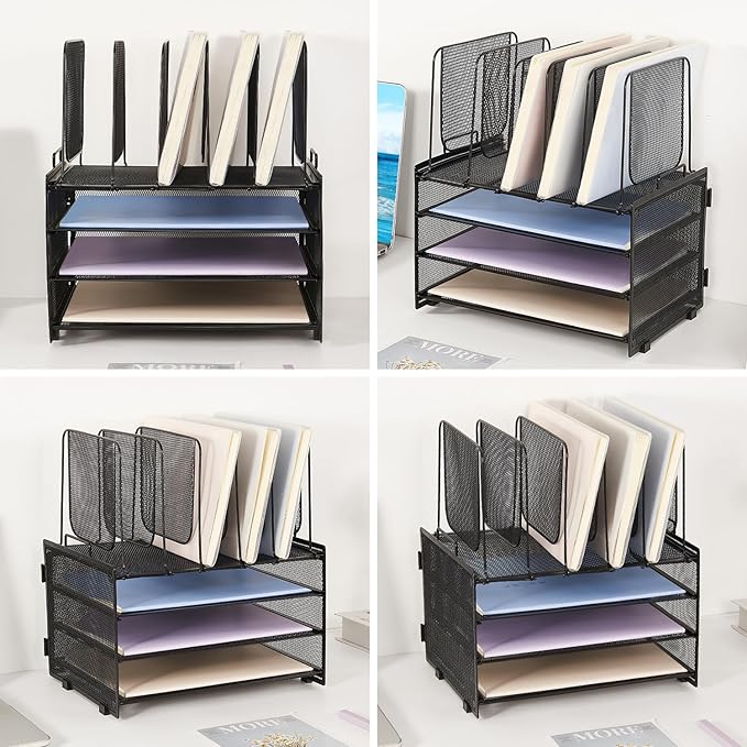 Desk Organizers and Accessories, 3-Tier Paper Organizer with 5 Vertical File Holders, File Folder Organizer (Black, 3T)