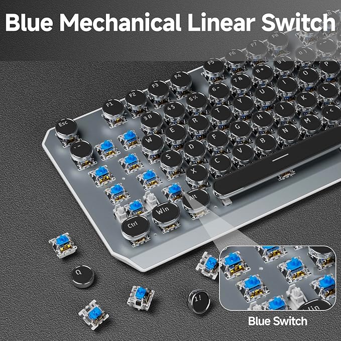 EWEADN Wireless Mechanical Typewriter Keyboard,80% Layout with White Backlit, Anti-Ghosting, Blue Switch Bluetooth/2.4GHz/USB-C Aesthetic Keyboard-Black