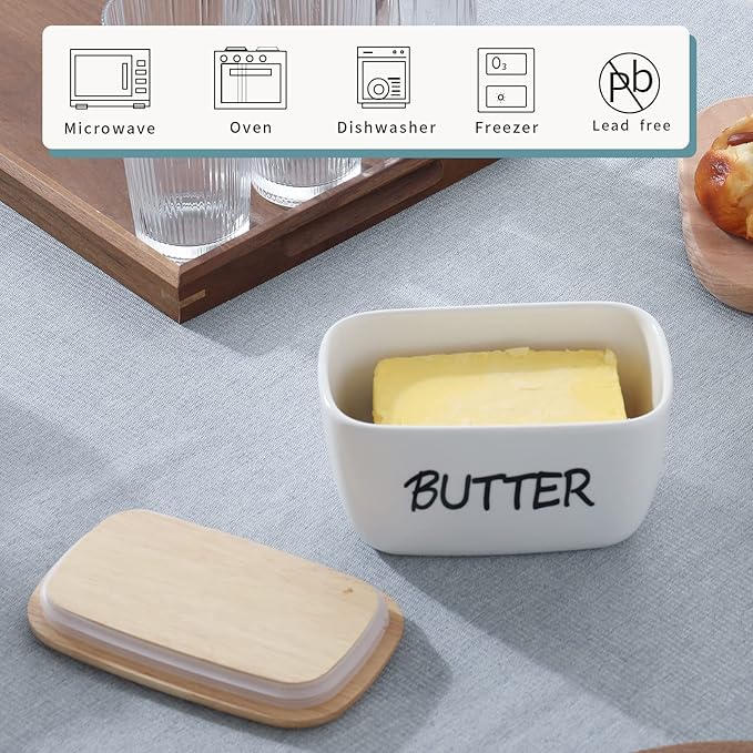 HAOTOP Large Porcelain Butter Dish with Lid Perfect for 4 Stick of Butter (White)