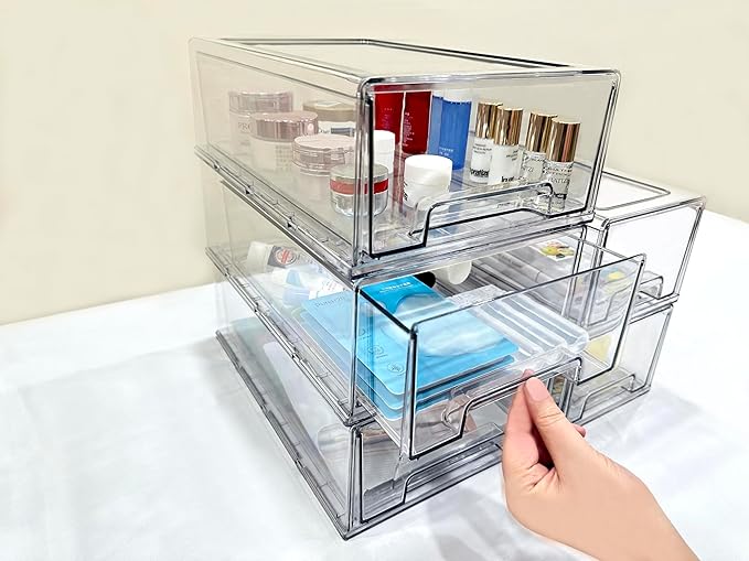 Stackable storage drawers, clear pull-out organizer with handles and non-slip pads for kitchen, refrigerator,office desktop, pantry and shelves, perfect for organization and storage (2 Pack, Large)