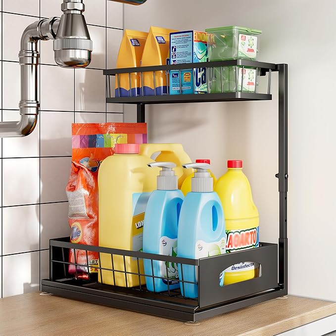 Under Sink Organizer and Storage, Height Adjustable Cabinet Organizer with Slide Out Drawer, Pull Out Under Sink Storage, Multi-Purpose 2 Tier Sink Shelves for Kitchen Bathroom Pantry (Black, 1 Pack)
