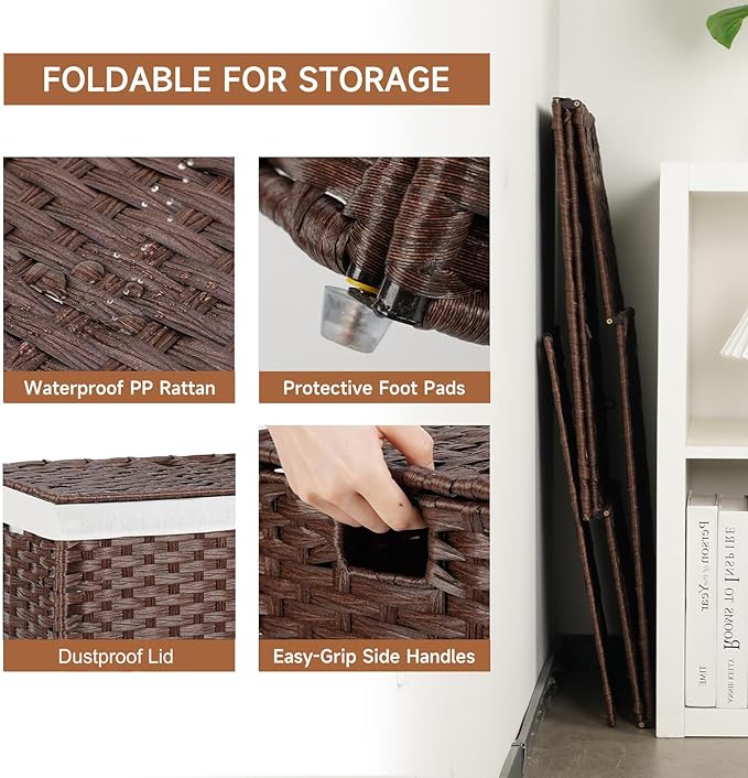 Large Storage Basket with Lids Handmade Woven Storage Basket for Organizing Blanket, 22"*13.4"*13.4"Foldable Storage Bin with Handles, Removable Liner, Basket for Bedroom, Laundry Room, Home(Brown)