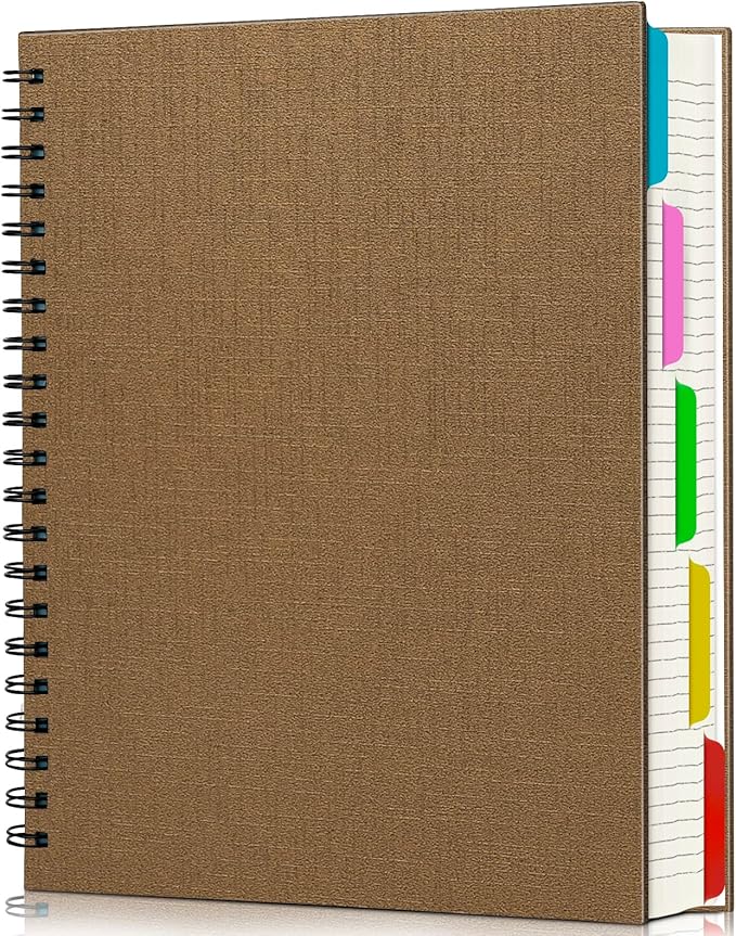 EUSOAR 5 Subject Spiral Notebook, 1pcs A4 11" x8-1/2 College Ruled Writing Pad, 100GSM 120Sheets/ 240Pages of Lined Paper, Thick Hardcover, for Traveling Students, Office and Business, Kraft