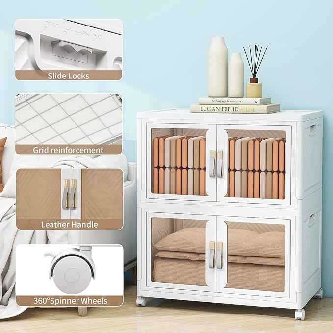 Large Clear Stackable Storage Bins with Lids, Foldable Storage Cabinet for Closet Organizers and Storage, Plastic Storage Box with Wheels 314 QT