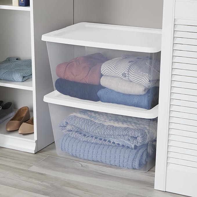 2-Pack 58 Quart Clear Storage Bins with Snap-On White Lids, Stackable Plastic Containers for Home Organization, Closet, Bedroom, Garage Storagea