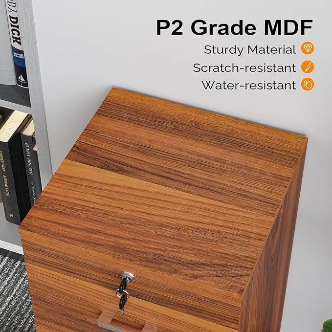 VINGLI 2-Drawer Rolling File Cabinet with Lock, Wood Mobile File Organization for Hanging Letter Size Filings Under Desk Filing Cabinets for Home Office, Assembly Required, Classic Walnut, 26.5" H