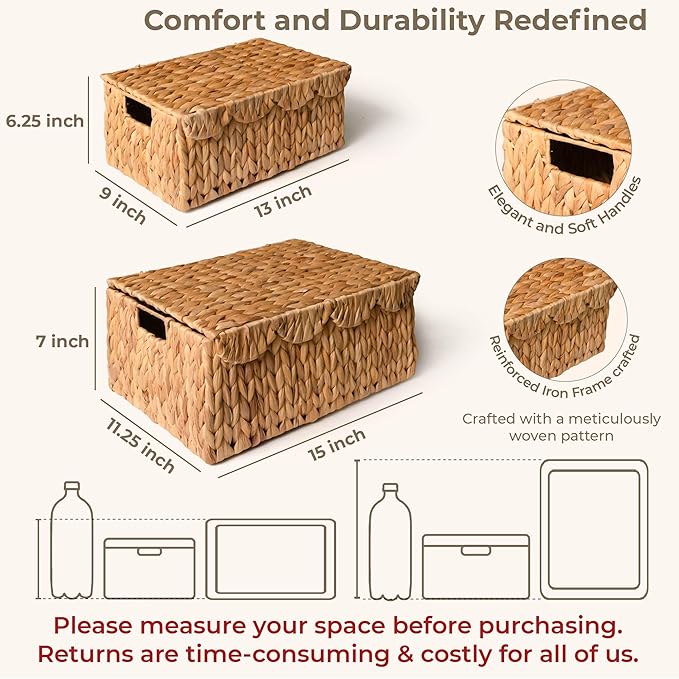 KOKODO Set of 2 Scalloped Wicker Baskets – Handwoven Rectangular Water Hyacinth Storage Baskets with Lid and Handles for Organizing, Living Room & Shelf Decor – Rattan Organizing Bins