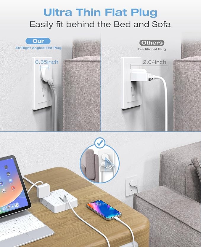 25FT Surge Protector Power Strip,12 AC Outlets with 6 USB Ports (2 USB-C), Flat Plug Extension Cord with Multiple Outlets, Wall Mount for Home Office,Dorm, White