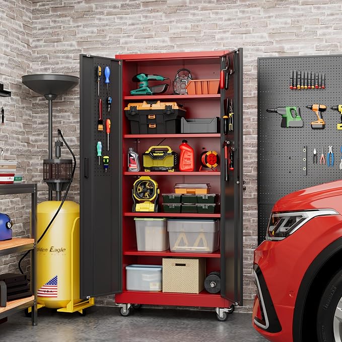 Aobabo Upgraded Garage Storage Cabinets with Wheels,Metal Storage Cabinets with 5 Adjustable Shelves for Garage Home Office Storage, Red-Black,71''H*32''W*16''D,Assembly Required
