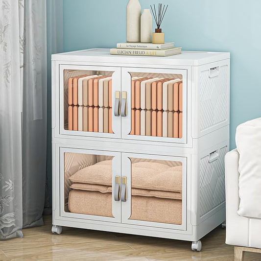 Large Clear Stackable Storage Bins with Lids, Foldable Storage Cabinet for Closet Organizers and Storage, Plastic Storage Box with Wheels 314 QT