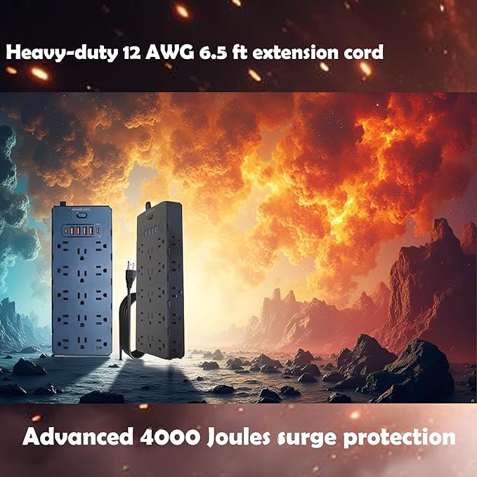 20 Amp Power Strip Surge Protector,Heavy Duty 12 Gauge 6.5 ft Extension Cord,25 AC Outlets,6 Fast USB Ports,4000 Joules,2500W/125V,Office Workshop Household Garage Black,Insurance Coverage.