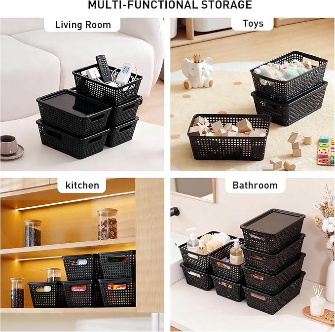 Plastic Storage Baskets With Lid, Storage Bins for Organizing, Stackable Decorative Containers for Shelves Drawers Desktop Closet Playroom Classroom Office, 8 Pack-Black