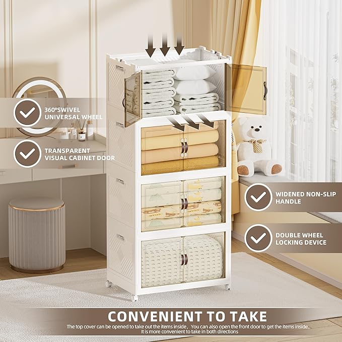 416 QT / 104 Gal Large Foldable Stackable Plastic Storage Cabinet with Double Magnetic Doors, Leather Handles & 4 Wheels - Organize Home, Office, Closet