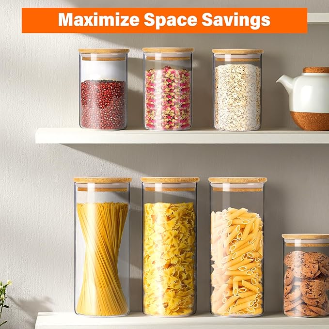 Glass Jars with Bamboo Lids Set of 12,Glass Storage Containers with Airtight Lids Storage Jars Food Storage Containers for Pasta,Flour,Cereal,Sugar,Cookie