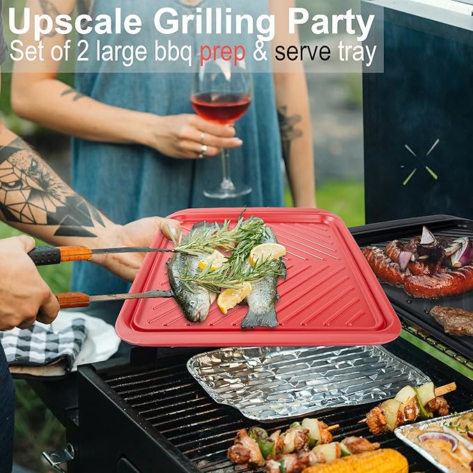 Large Grilling Prep and Serve Trays, 17.3" x 13" BBQ Platters for Raw and Cooked Food, Melamine Serving Trays for Food, Set of 2, Black and Red
