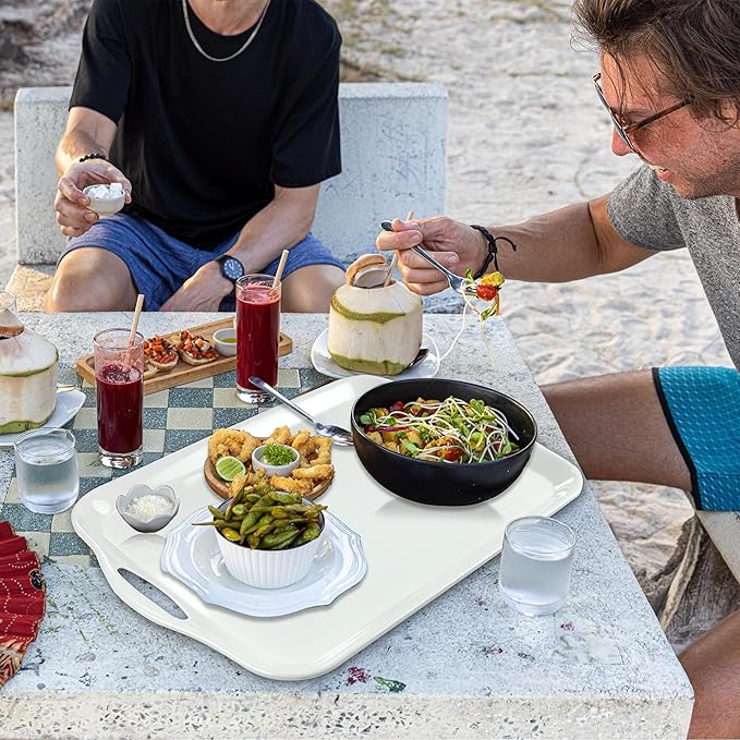 Large Melamine Serving Tray with Handles, 17.5 x 12 in Rectangular Melamine Serving Platter, Dishwasher Safe Trays for Eating, Appetizer, Charcuterie, Snack, Fruit, Desserts, Set of 2, White