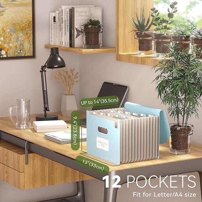 Accordion File Organizer, 13 Pockets Wheat Straw Expanding File Folder, Portable Monthly Paper Bill Tax Receipt Organizer, Letter A4 Size Document Holder with Colorful Tab - Sky Blue