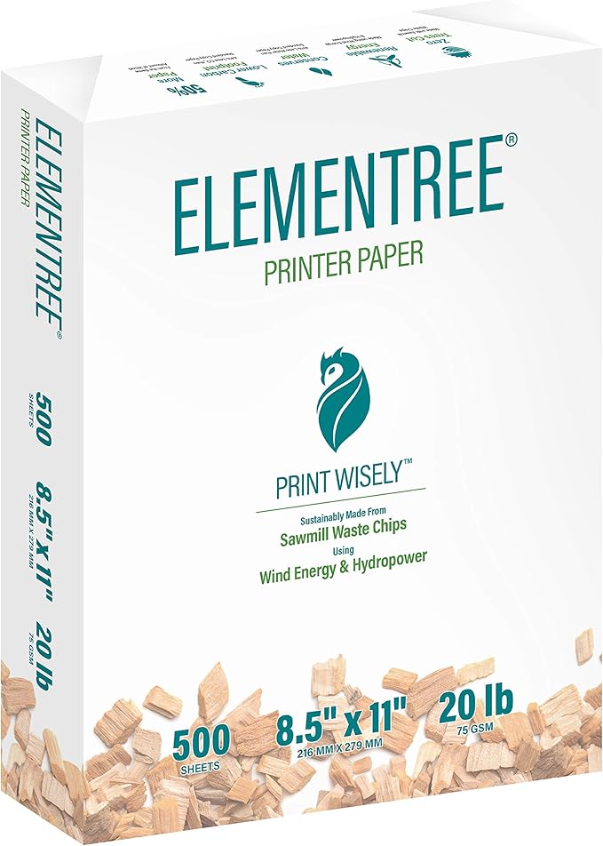 Elementree Sustainable Printer Paper Case 8.5" x 11" – Made from Sawmill Waste – 20 lb Copy & Multipurpose Computer Paper – 2500 Sheets – Made in the USA - Printer & Copier Compatible (00918C)