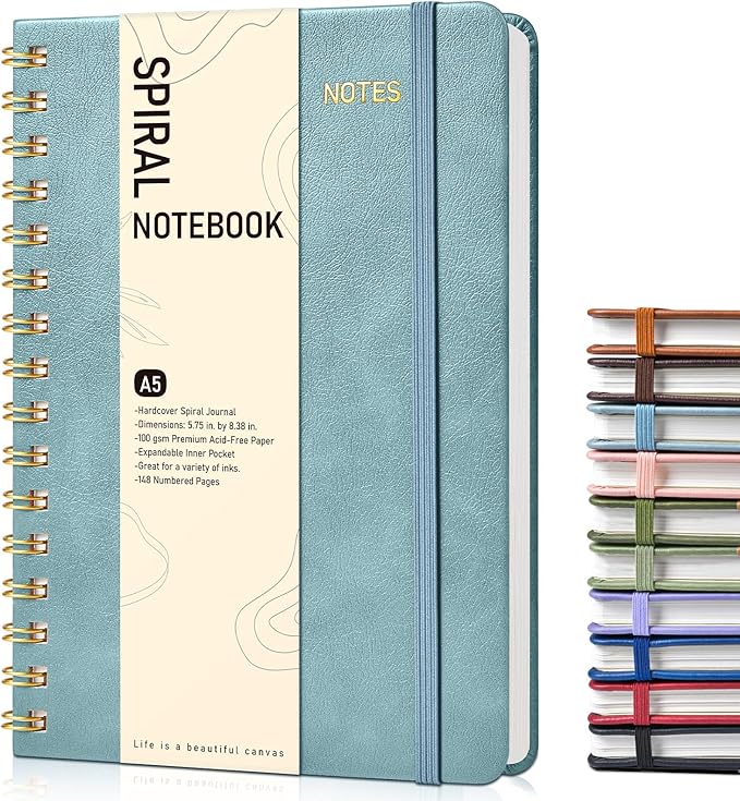 Dotted Spiral Journal Notebook, A5 Hardcover Spiral Journals for Women Men, 100 GSM Dot Grid Paper Notebooks, 150 Pages Spiral Bullet Dotted Notebook for Writing Note Taking 5.75" x 8.38", Misty Blue