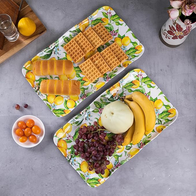 LEHAHA Melamine Lemon Large Rectangular Serving Tray/Platters Set of 2, 17.5" x 10", 2-Piece Melamine Platters Serving Set,Dishwasher Safe