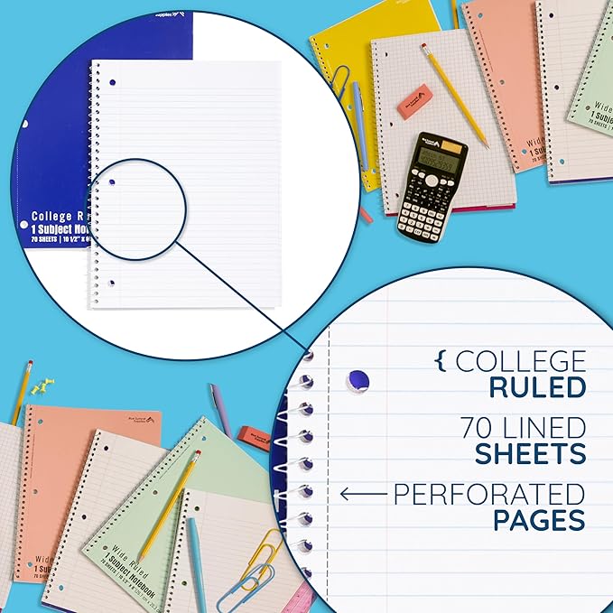 Blue Summit Spiral Notebooks Bulk, One Subject Spiral Notebook College Ruled, Perforated Notebook, 8 x 10.5 for Work and School, Paper, College Ruled, Bulk 12 Pack